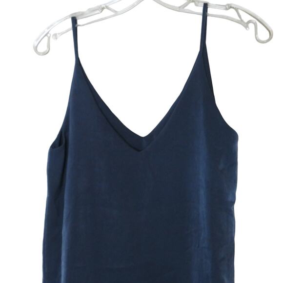 Aqua Satin Tunic Mini Dress, V-Neck Flowy Spaghetti Straps, Party Navy Blue XS - Picture 4 of 7